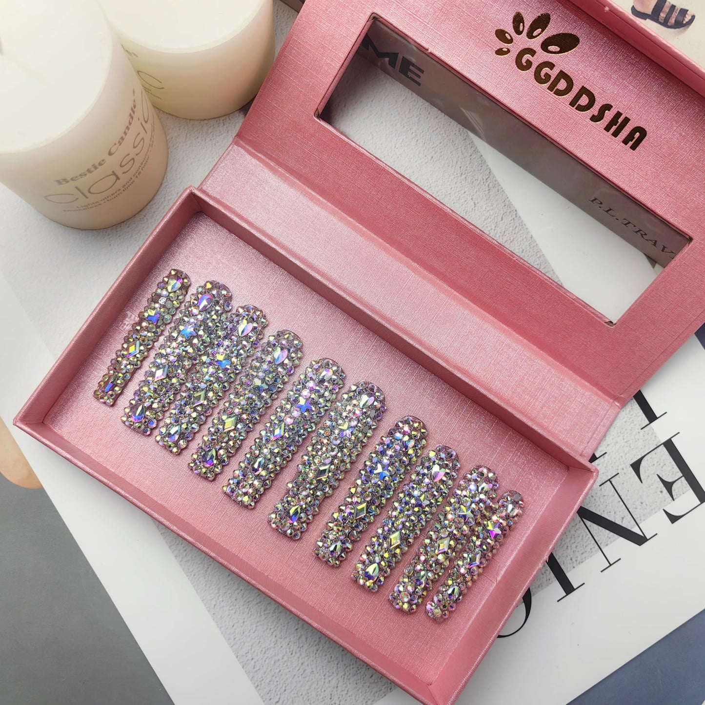GGddsha 2025 Long Novel Design And Reusable PMMAAcrylic Press On Nails Handmade Nails Full CoverLuxurious 3D Crystal False Nails With Box Gifts,Stellar Shine